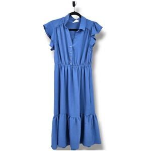 Lucky Brand Women's Flutter Sleeve V Neck Tiered Skirt Midi Dress Blue Size Med